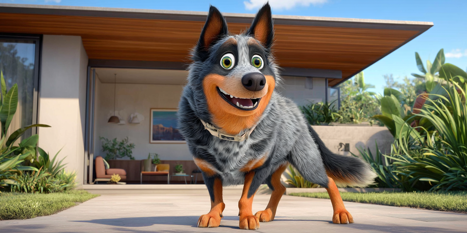 A cartoon dog is standing in front of a house.