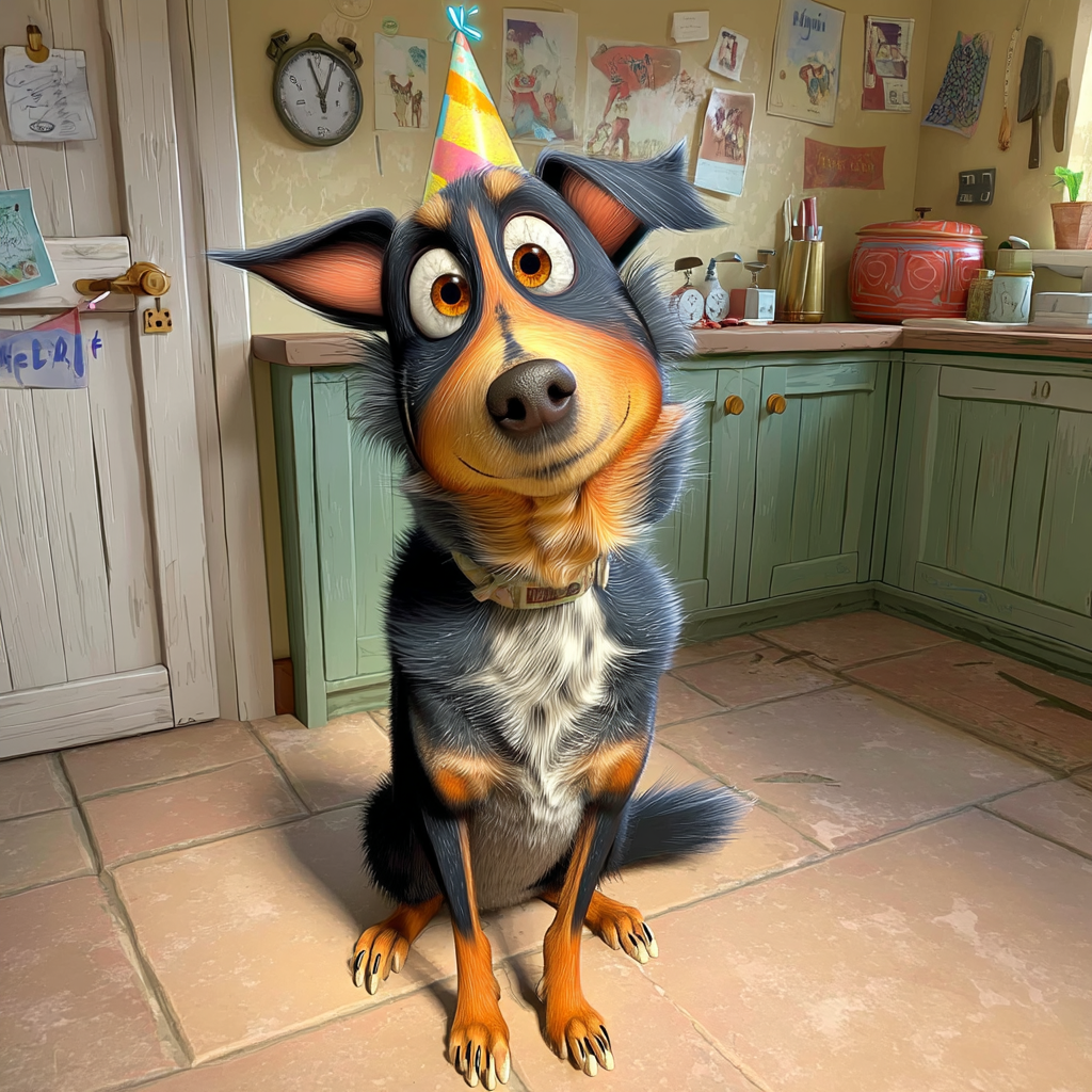 A cartoon dog wearing a party hat is sitting in a kitchen