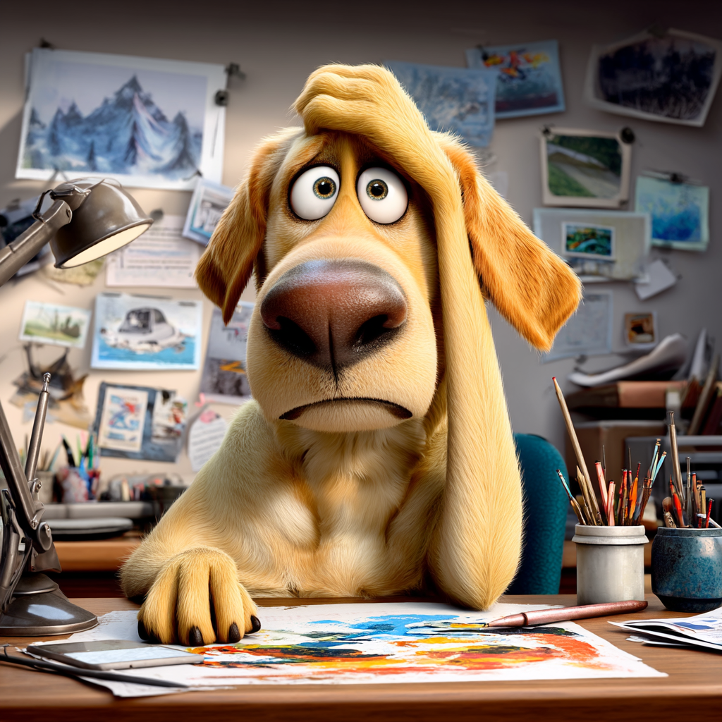 A cartoon dog is sitting at a desk with his hand on his head
