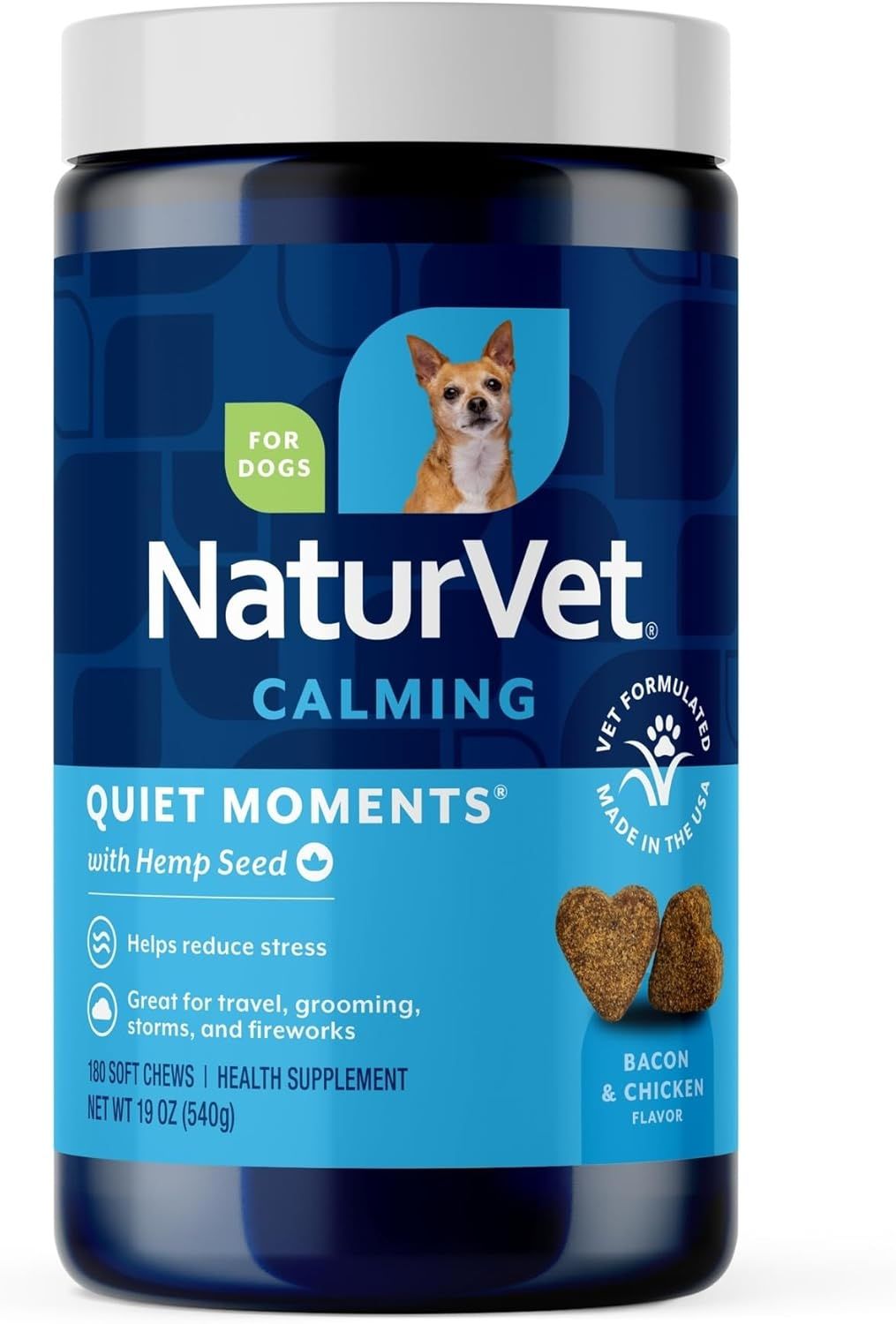 NaturVet calming dog chews. Blue container with dog image, 