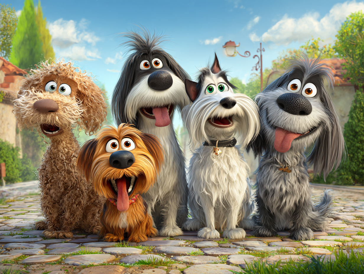 Five cartoon dogs of various breeds smiling on a brick path in front of a village setting with a blue sky.