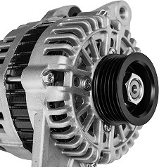 Close-up of a car alternator with a black pulley and silver housing. | Driver's Choice