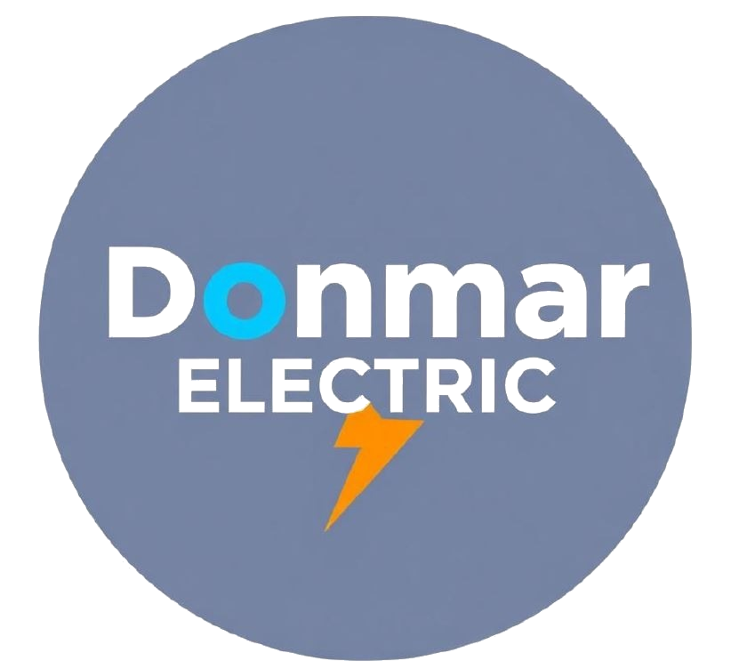 Logo for Donmar Electric with white text on a blue circle, featuring a blue 'o' and an orange lightning bolt icon.