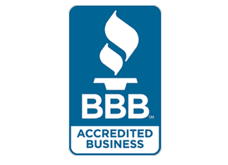 A blue and white bbb accredited business logo