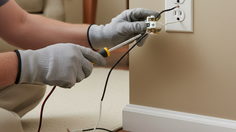Person in gloves fixing an electrical outlet with a screwdriver.