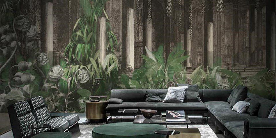 carta da parati per salotto effetto giungla