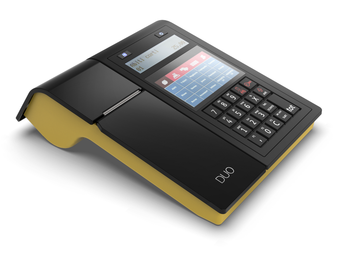 Dispositivo POS giallo e nero con touchscreen, tastierino numerico e lettore di carte.