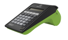 Un terminale POS (punto vendita) portatile nero e verde dotato di tastiera e display, probabilmente destinato alle transazioni.
