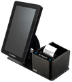 Sistema POS (Point-of-Sale) con display touchscreen e stampante per ricevute. Il sistema è nero e stampa una ricevuta.