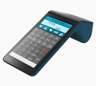 Registratore di cassa con tastiera blu e bianca, stampa di scontrini cartacei e barra superiore rossa e blu con la scritta