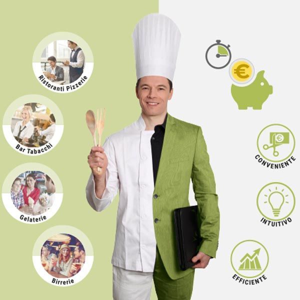 Uno chef in uniforme divisa tiene in mano degli utensili, con le icone del ristorante e dei vantaggi finanziari sulla sinistra e le icone di velocità, praticità ed efficienza sulla destra.