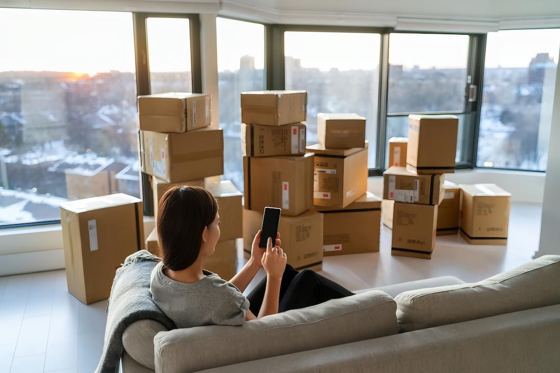 A Woman is Sitting on a Couch in Front of a Pile of Cardboard Boxes — Dunford Removals in Qunaba, QLD