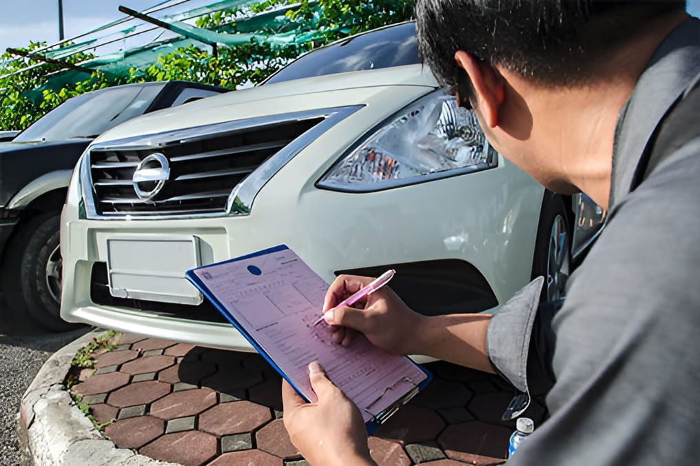 A Man Is Writing On A Clipboard In Front Of A White Nissan Car — Advanced Darwin Diesel Service In Darwin City, NT