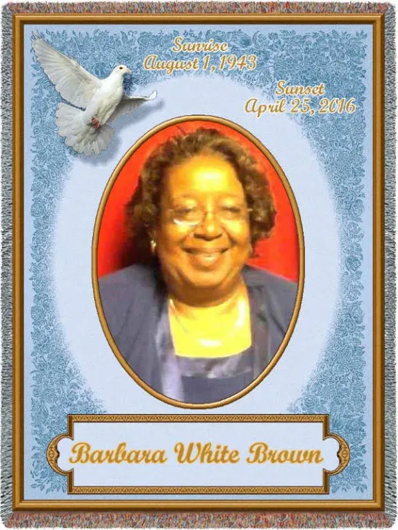 A picture of barbara white brown with a white dove