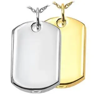 Two dog tags , one silver and one gold , are on a chain.