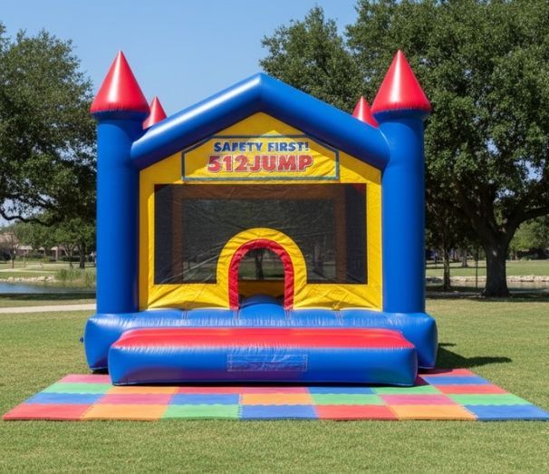 Outdoor bounce house emphasizing safety and quality