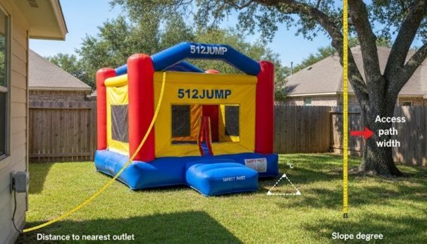 Backyard bounce house showing space and safety measurements