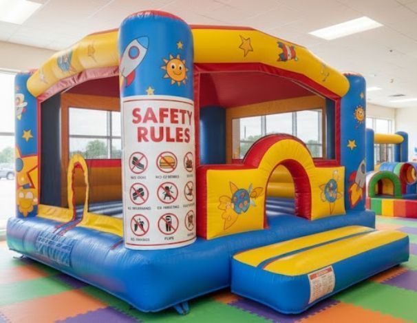 Indoor bounce house illustrating safety rules and supervision guidelines for kids