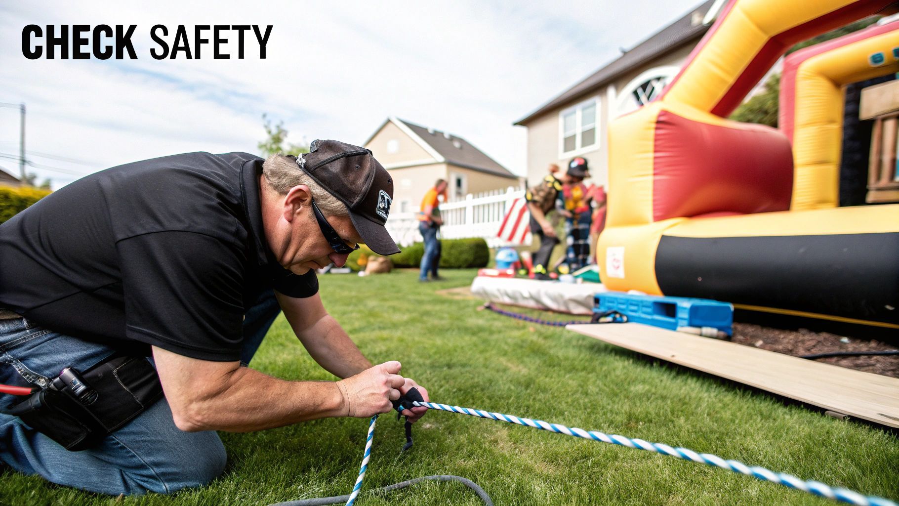 Man securing a bounce house with ropes and stakes in a grassy yard. 