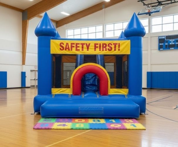 Indoor bounce house emphasizing safety first and proper setup