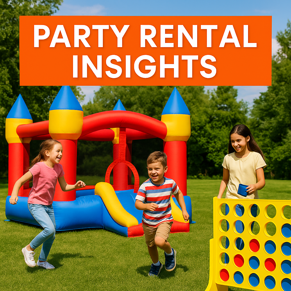 Three kids playing outside near a colorful bouncy castle and Connect Four game.