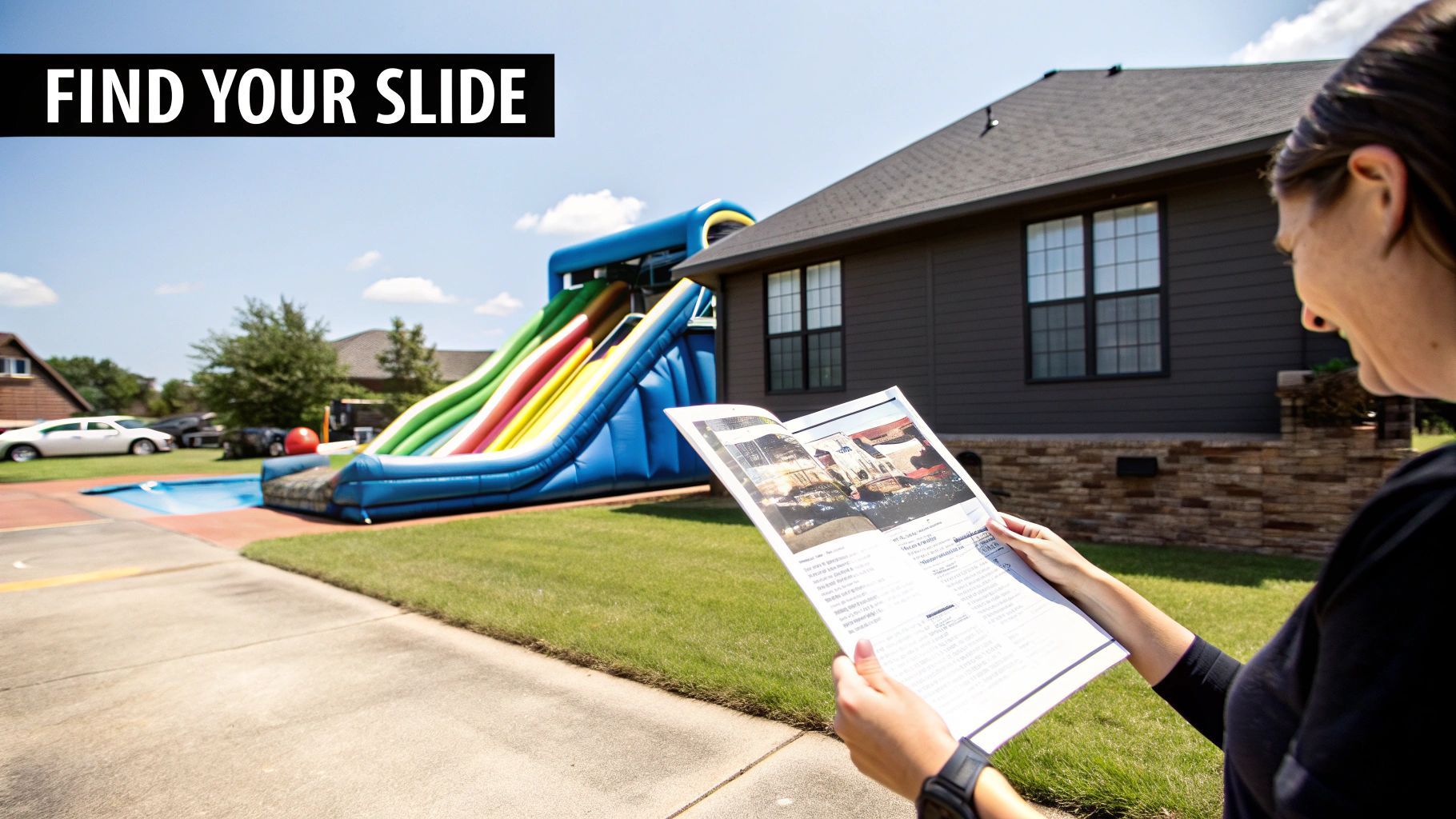 Woman holding a brochure smiles at a large inflatable slide near a house and pool on a sunny day.