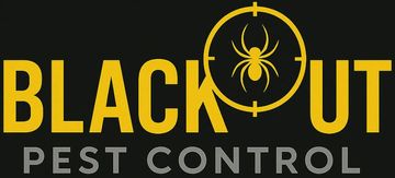 Yellow text reading "BLACK OUT" with a spider inside a crosshair target as the letter "O," over "PEST CONTROL" in gray.