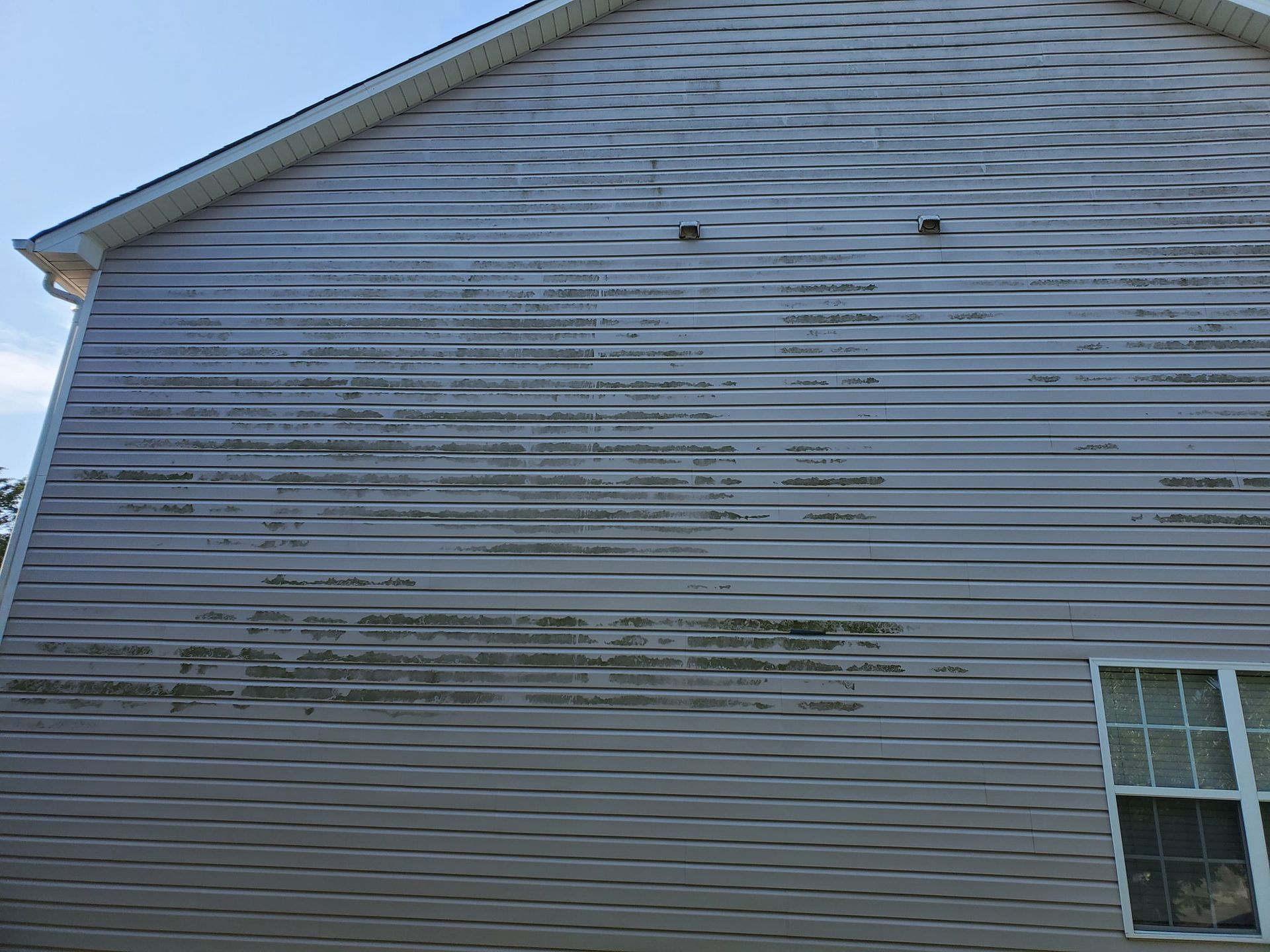 Gray siding on a house shows weathered horizontal lines, with areas of dark discoloration near the bottom.
