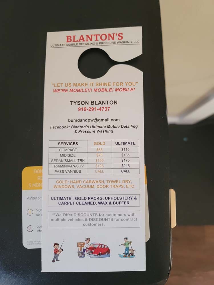 Door hanger for Blanton's Mobile Detailing: services, pricing, and contact information.