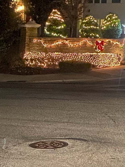 Brick wall lit with Christmas lights, trees behind, a bow, street and manhole cover.