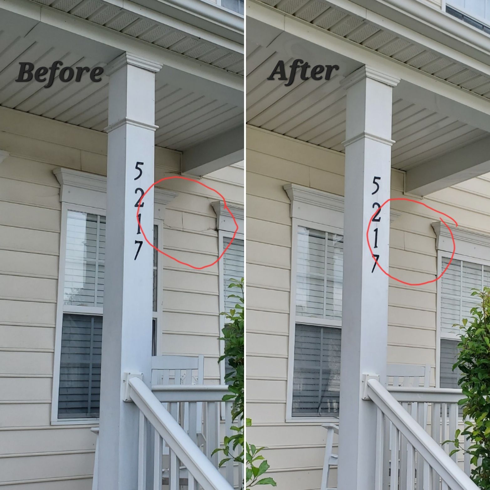 Comparison of a house before and after repairs, showing a repaired trim near the window.