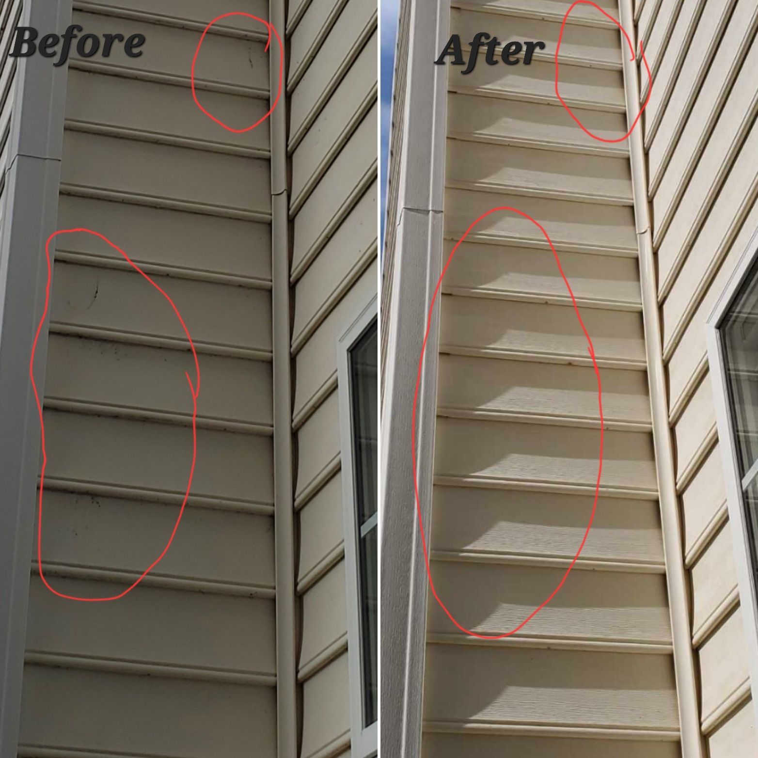 Side-by-side comparison: dirty beige siding before cleaning, now clean and bright.