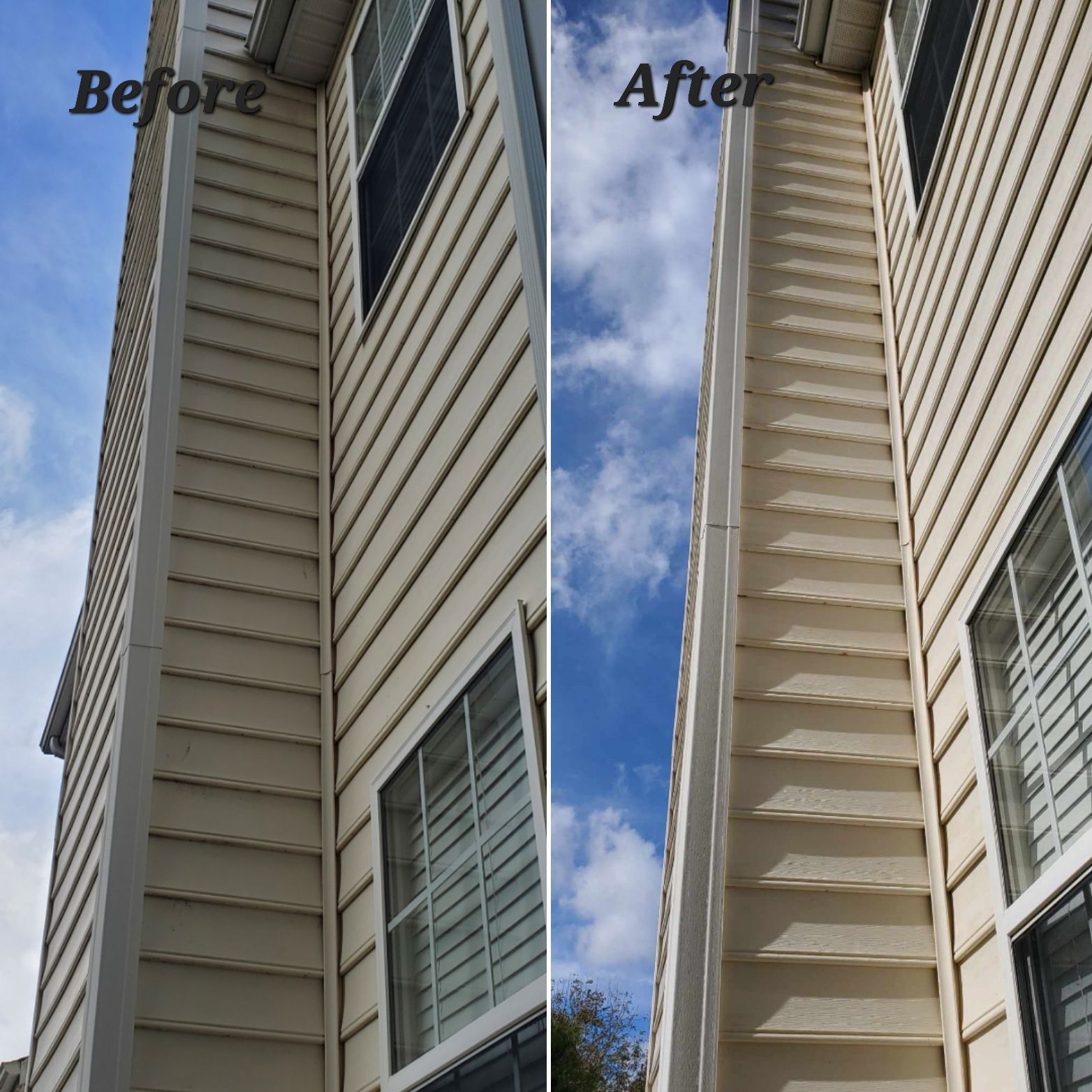 Side-by-side comparison of a house's siding before and after cleaning, showcasing brighter color and removal of grime.