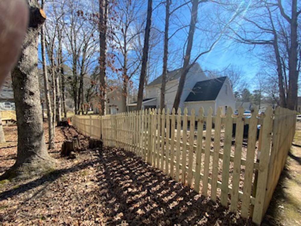 A light-colored wooden picket fence runs along a treeline near a house on a sunny day.
