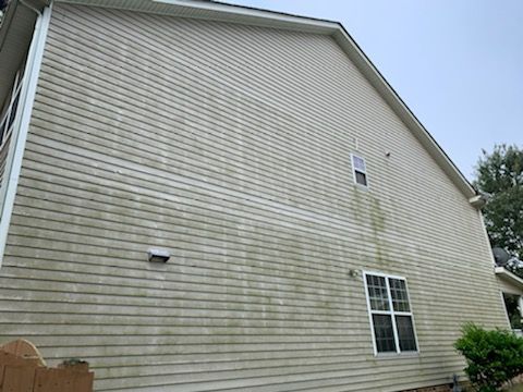Side of a house with dirty, green-streaked siding, under a blue sky.
