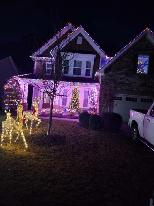 A house decorated with Christmas lights; a lit-up Christmas tree, and reindeer figurines sit on the lawn at night.