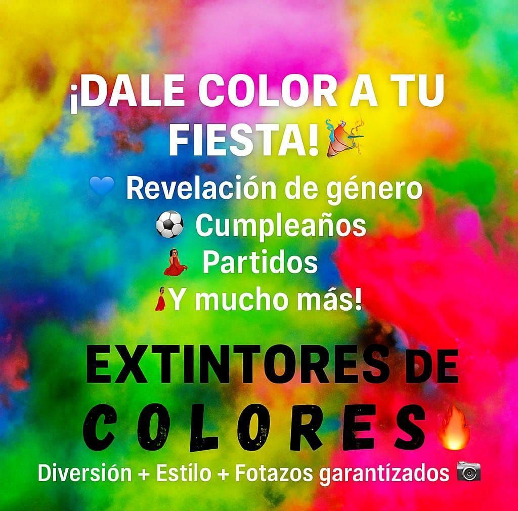 Anuncio colorido de extintores de colores para fiestas, con texto sobre revelación de género y cumpleaños.