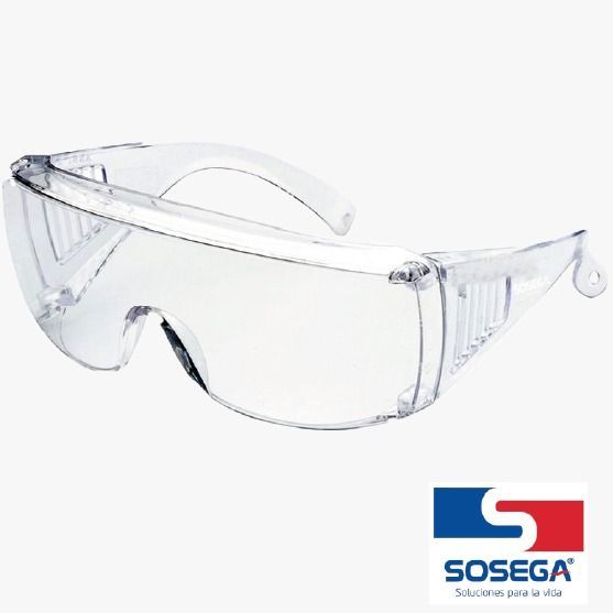 Gafas de seguridad transparentes con protectores laterales sobre fondo blanco, logotipo de Sosega en la parte inferior derecha.