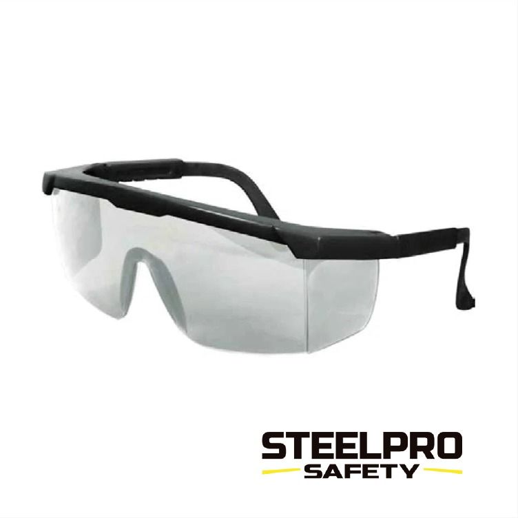 Gafas de seguridad negras con lentes transparentes y logotipo de SteelPro Safety sobre fondo blanco.