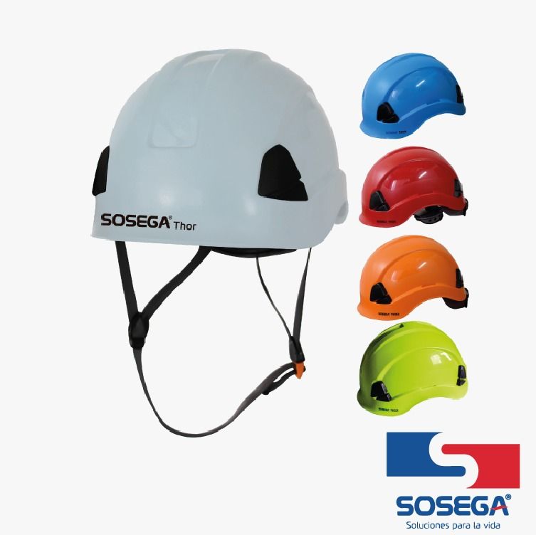 Casco de seguridad SOSIGA en azul claro con correa para la barbilla, disponible en azul, rojo, naranja y verde.