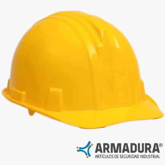 Casco amarillo con el logotipo de ARMADURA sobre fondo blanco.