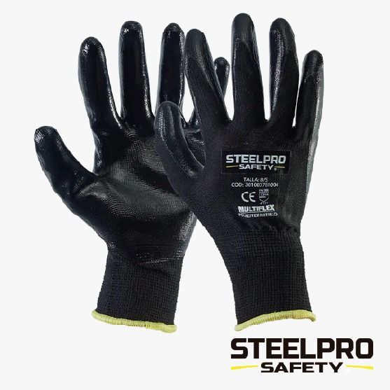 Guantes de trabajo de seguridad SteelPro negros con puños amarillos, mostrados por delante y por detrás sobre un fondo blanco.