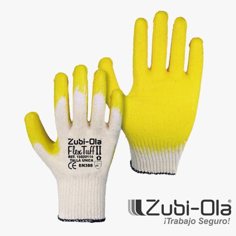 Guantes de trabajo amarillos y blancos, mostrados por delante y por detrás; el logotipo de Zubi-Ola se encuentra en la parte inferior derecha.