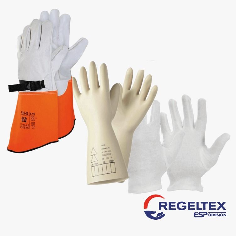 Tres pares de guantes de trabajo de protección en blanco, beige y naranja, con el logotipo de Regeltex.