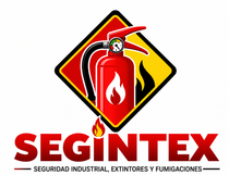 Logo de SEGINTEX con extintor rojo y símbolo de fuego; texto: “Seguridad industrial, extintores y fumigaciones”.