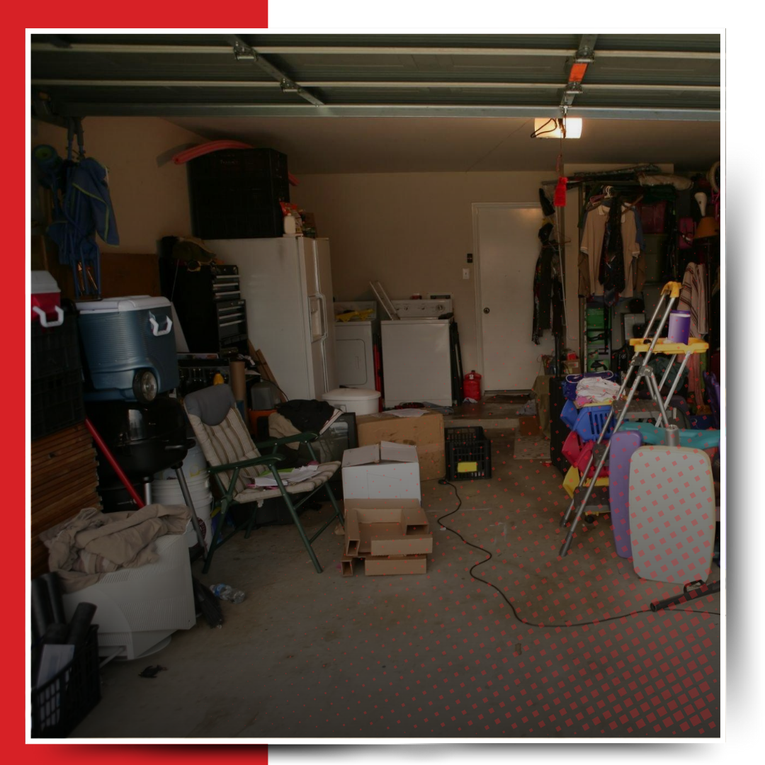 A pile of furnitures inside the garage.