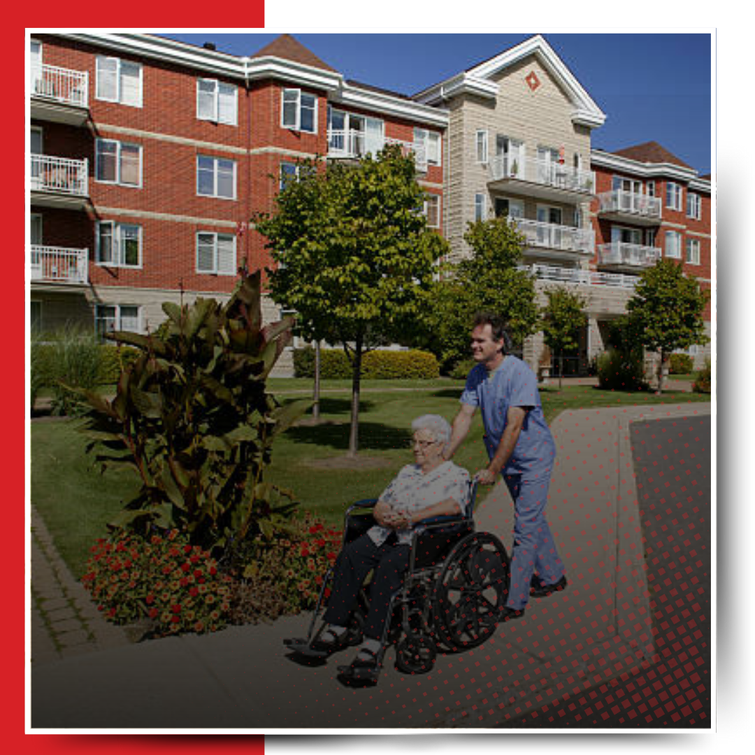 A man and an old lady on the wheel chair strolling outside.