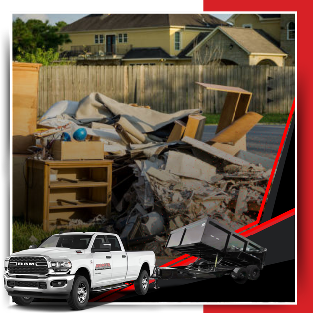 A pile of garbage outside the house with Noah's Junk Removal trailer truck in the foreground.