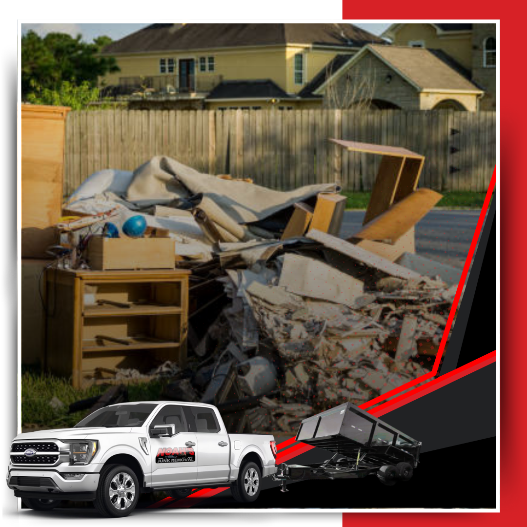 A pile of garbage outside the house with Noah's Junk Removal trailer truck in the foreground.