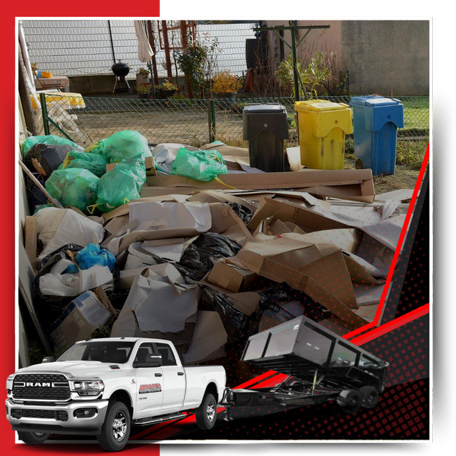 A pile of garbage in the backyard with Noah's Junk Removal trailer truck.